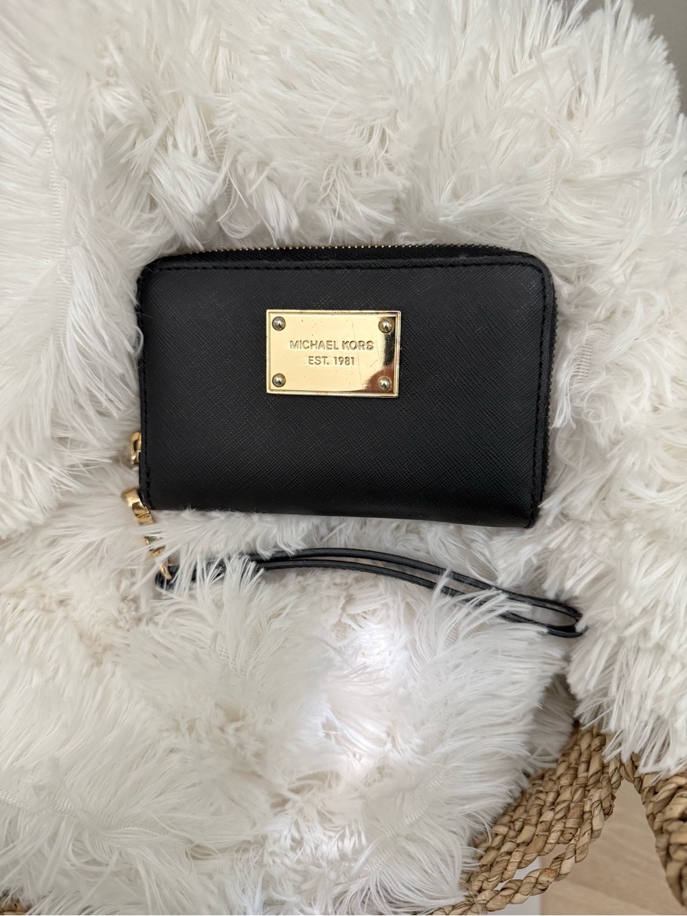 Michael Kors Black Leather Wristlet with Gold Plaque